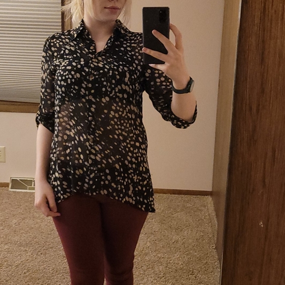 Polka-dot collared sheer button up top - Picture 2 of 7